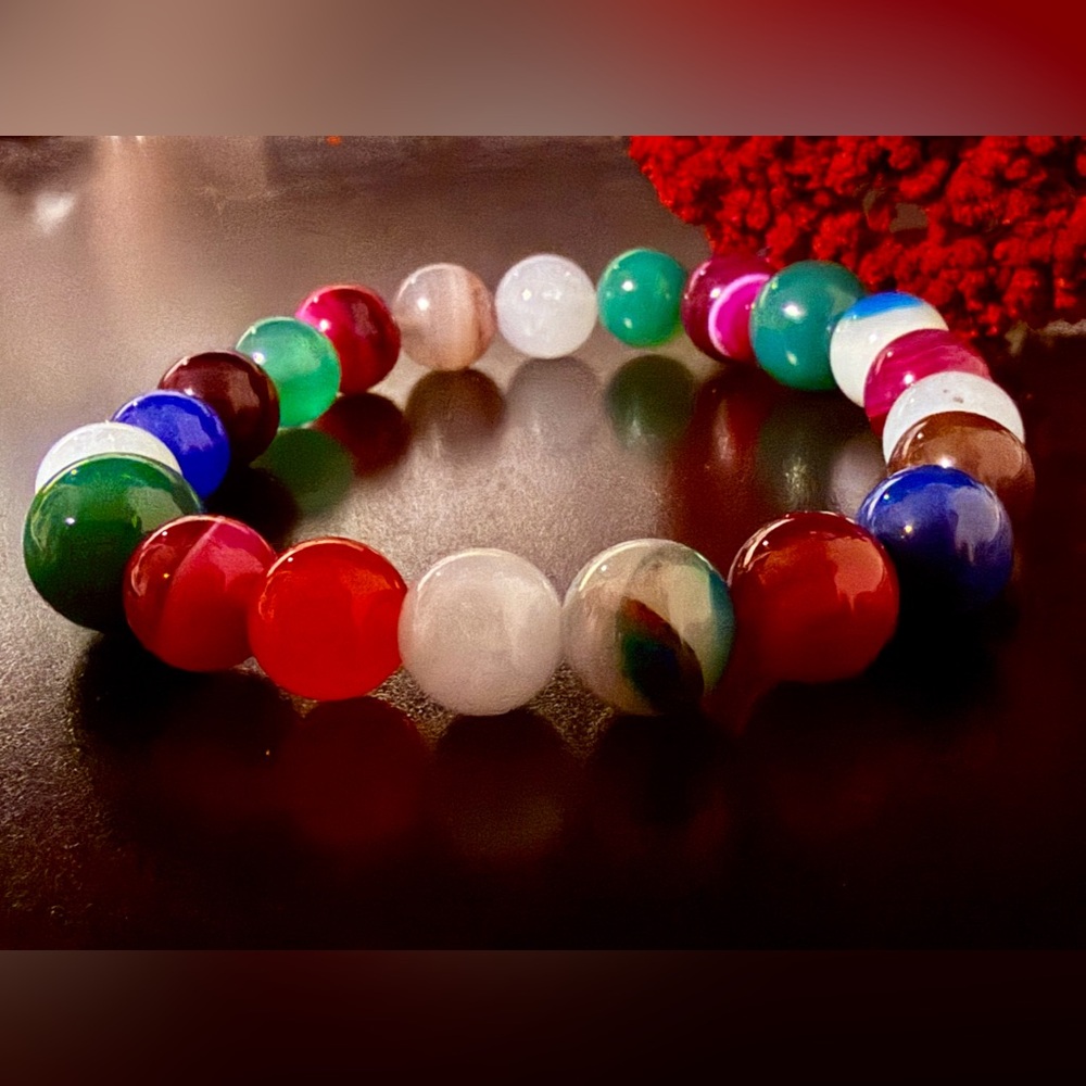 Multicolor Agate Aqua Chalcedony Stretch Bracelet, Size:7.25 - Picture 4 of 5